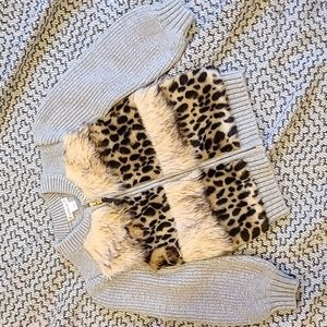 Crewcut Faux Leopard Fur Grey Sweater with Zip Front Size 2